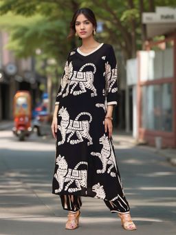 Gahan - Womens Viscose Rayon Straight Printed Kurta With Pant - Black