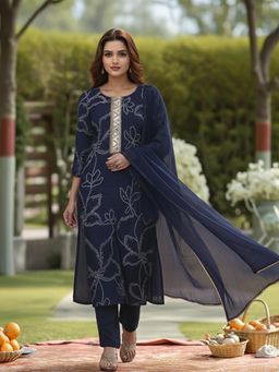 Gahan - Womens Viscose Rayon Straight Printed Kurta With Pant & Dupatta - Blue