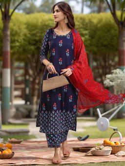 Gahan - Womens Viscose Rayon Straight Printed Kurta With Pant & Dupatta - Blue