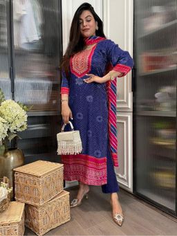 Gahan - Womens Viscose Rayon Straight Printed Kurta with Pant & Dupatta - Blue