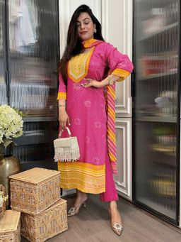 Gahan - Womens Viscose Rayon Straight Printed Kurta with Pant & Dupatta - Pink