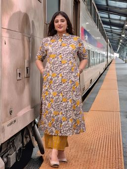 Gahan - Womens Viscose Rayon Straight Printed Kurta with Pant - Mustard