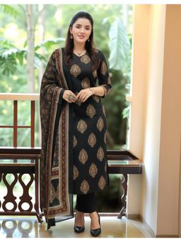 Gahan - Womens Viscose Rayon Straight Printed Kurta with Pant & Dupatta - Black