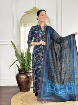 Gahan - Womens Viscose Rayon Straight Printed Kurta with Pant & Dupatta - Blue