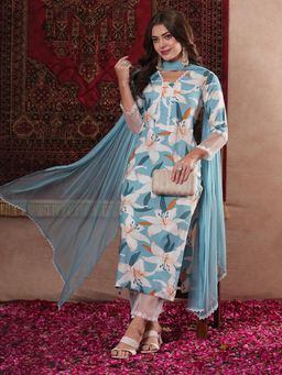 Gahan - Womens Viscose Rayon Straight Printed Kurta with Pant & Dupatta - Blue