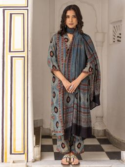 Gahan - Womens Viscose Rayon Straight Printed Kurta with Pant & Dupatta - Grey