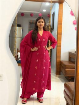 Gahan - Womens Viscose Rayon Straight Printed Kurta with Pant & Dupatta - Pink