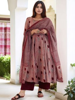 Gahan - Womens Viscose Rayon Anarkali Printed Kurta With Palazzo & Dupatta - Wine