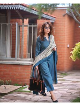 Gahan - Womens Viscose Rayon Straight Solid Kurta with Pant & Dupatta - Blue