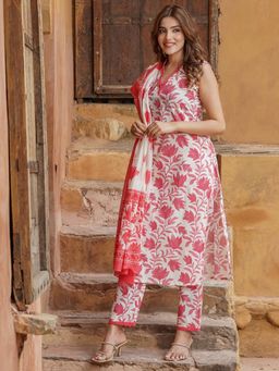Gahan - Womens Viscose Rayon Straight Printed Kurta with Pant & Dupatta - Pink