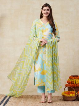 Gahan - Womens Viscose Rayon Straight Printed Kurta With Pant & Dupatta - Blue