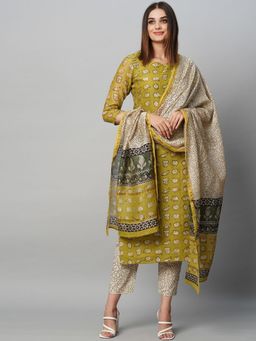 Gahan - Womens Viscose Rayon Straight Printed Kurta with Pant & Dupatta - Green