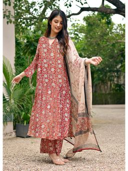 Gahan - Womens Viscose Rayon Straight Printed Kurta with Pant & Dupatta - Maroon