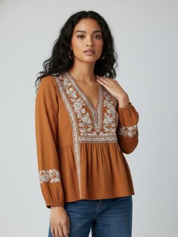 Gahan - Womens Viscose Rayon Anarkali Embroidered Tunics - Brown