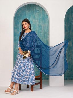 Gahan - Womens Viscose Rayon Anarkali Printed Kurta with Pant & Dupatta - Blue