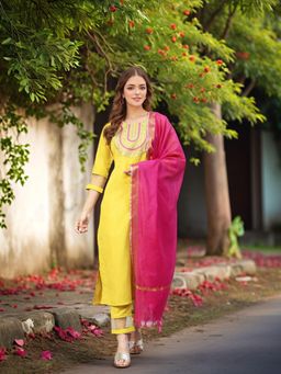 Gahan - Womens Viscose Rayon Straight Embroidered Kurta with Pant & Dupatta - Yellow