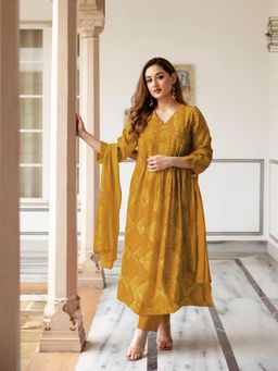 Gahan - Womens Viscose Rayon Anarkali Printed Kurta With Pant & Dupatta - Mustard