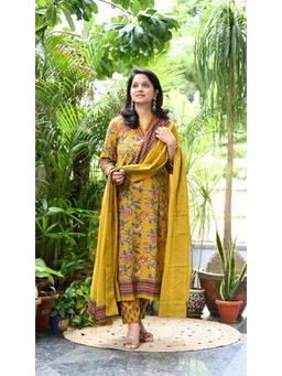 Gahan - Womens Viscose Rayon Straight Printed Kurta with Pant & Dupatta - Yellow
