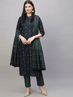 Gahan - Womens Viscose Rayon Straight Printed Kurta with Pant & Dupatta - Navy Blue