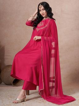 Gahan - Womens Viscose Rayon Anarkali Embroidered Kurta with Pant & Dupatta - Pink