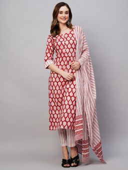 Gahan - Womens Viscose Rayon Straight Printed Kurta with Pant & Dupatta - Red