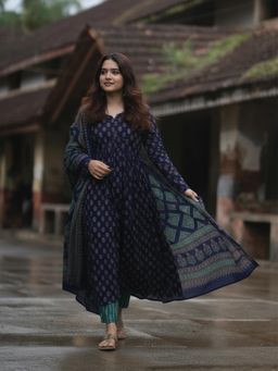 Gahan - Womens Viscose Rayon Anarkali Printed Kurta with Pant & Dupatta - Blue