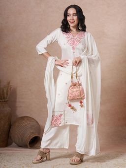 Gahan - Womens Viscose Rayon Straight Embroidered Kurta with Pant & Dupatta - White