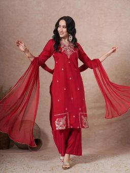 Gahan - Womens Viscose Rayon Straight Embroidered Kurta with Pant & Dupatta - Red