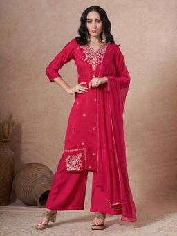 Gahan - Womens Viscose Rayon Straight Embroidered Kurta with Pant & Dupatta - Pink