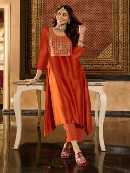 Gahan - Womens Viscose Rayon Straight Embroidered Kurta with Pant - Orange