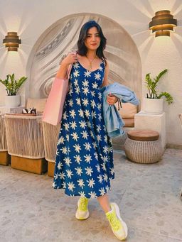 Gahan - Womens Viscose Rayon Anarkali Printed Midi Dress - Blue