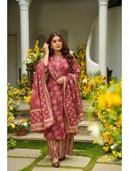 Gahan - Womens Viscose Rayon Straight Printed Kurta with Palazzo & Dupatta - Pink