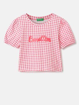 United Colors of Benetton - Regular Fit Round Neck Checkered Top Pink