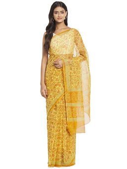 Fabindia - Yellow Hand Block Print Cotton Silk Saree