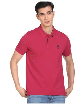 U.S. POLO ASSN. - Men Magenta Pure Cotton Solid Polo T-Shirt