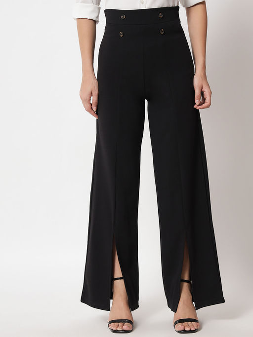 KOTTY Women Regular Length Jade Black Solid Trousers