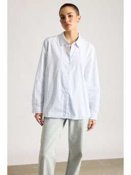 FREAKINS - Relaxed Fit Cotton Women White Shirt With Blue Stripes