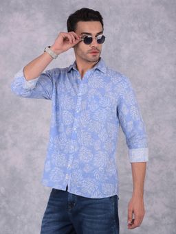 CRIMSOUNE CLUB - Men Blue Floral Print Linen Shirt