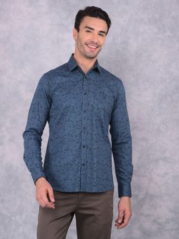 CRIMSOUNE CLUB - Men Teal Floral Print Pure Cotton Shirt