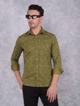 CRIMSOUNE CLUB - Men Olive Floral Print Pure Cotton Shirt