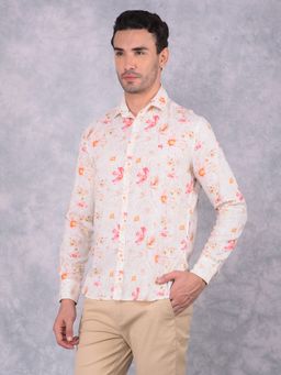 CRIMSOUNE CLUB - Men Orange Floral Print Linen Shirt