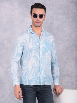 CRIMSOUNE CLUB - Men Blue Printed Linen Shirt