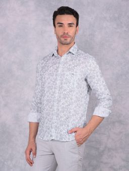 CRIMSOUNE CLUB - Men Grey Floral Print Linen Shirt