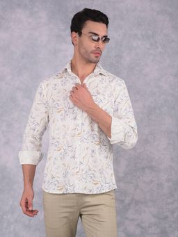 CRIMSOUNE CLUB - Men Off White Floral Print Pure Cotton Knitted Shirt