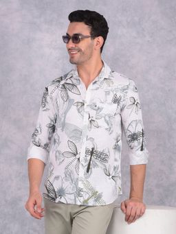 CRIMSOUNE CLUB - Men White Floral Print Linen Shirt