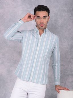 CRIMSOUNE CLUB - Men Blue Vertical Striped Pure Cotton Shirt