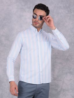 CRIMSOUNE CLUB - Men Blue Vertical Striped Pure Cotton Shirt
