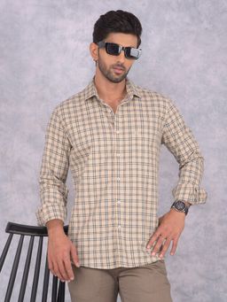 CRIMSOUNE CLUB - Men Beige Checks Pattern Pure Cotton Shirt