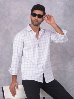 CRIMSOUNE CLUB - Men White Checks Pattern Pure Cotton Shirt