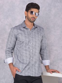 CRIMSOUNE CLUB - Men Grey Printed Pure Cotton Shirt